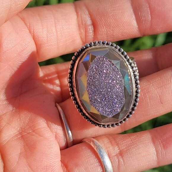 Designer Colleen Lopez purple flashy druzy 925 sterling silver heavy ring adjust - Picture 9 of 16